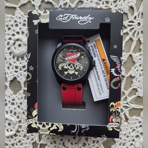 Ed Hardy Men’s Love Kills Slowly Skull Heart Watch Red Strap 46mm